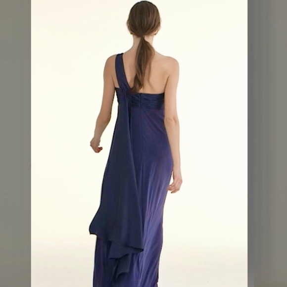 Davids Bridal Lapis Purple One Shoulder Long Jersey Cascade Back Dress Size 8 - Picture 4 of 14